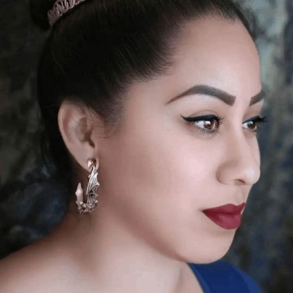 Gold Bat Vampire Hoop Dangle Earrings - Picture 3 of 3